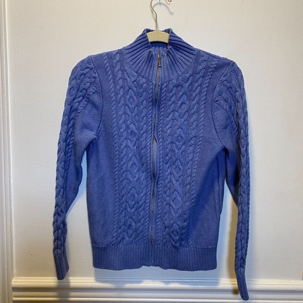 Cable Knit Full Zip Sweater Blue L.L. Bean Cotton Petite M Ribbed Mock Neck